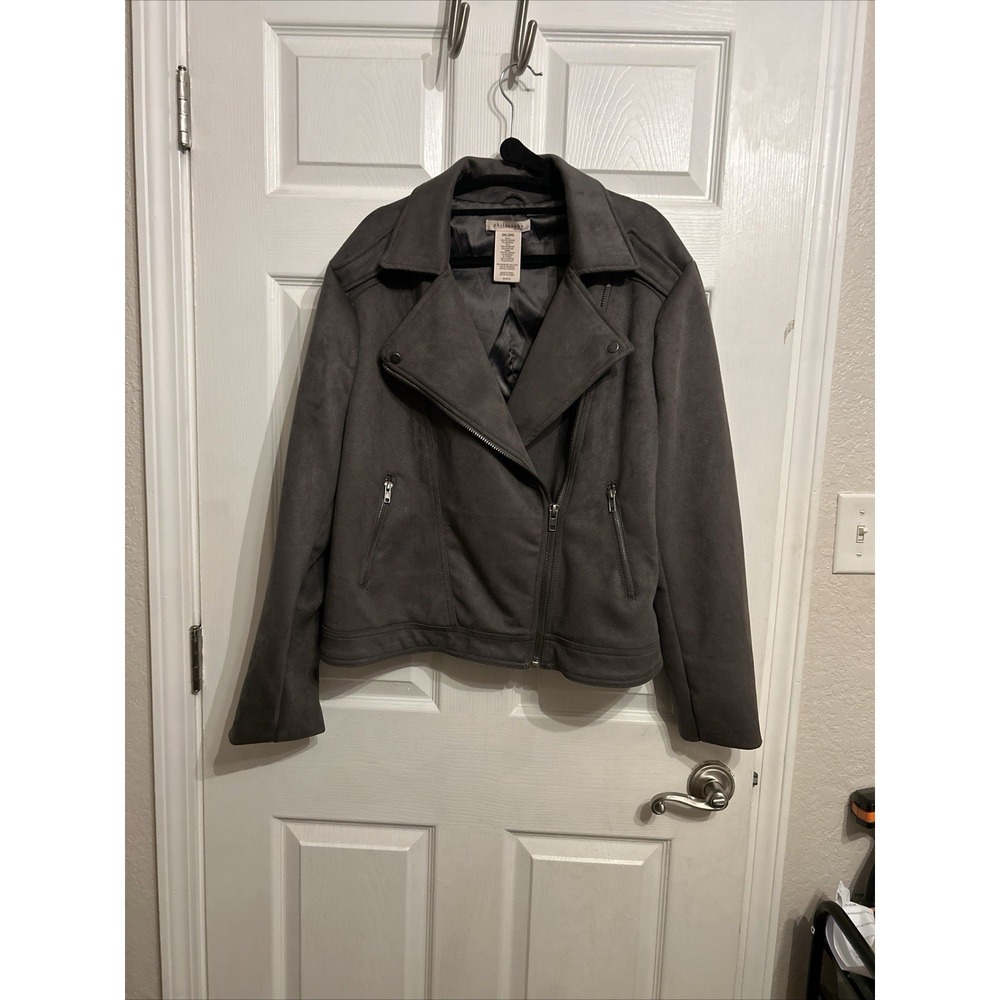 Philosophy Womens XXL Faux Leather Suede Gray Moto Style Jacket Bomber Zip Snap